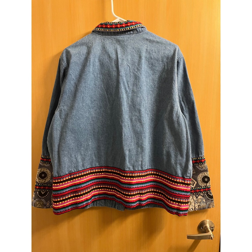 Coldwater Creek Denim Jacket Womens 1X Blue Aztec Southwestern Embroidered Trim - Picture 2 of 10